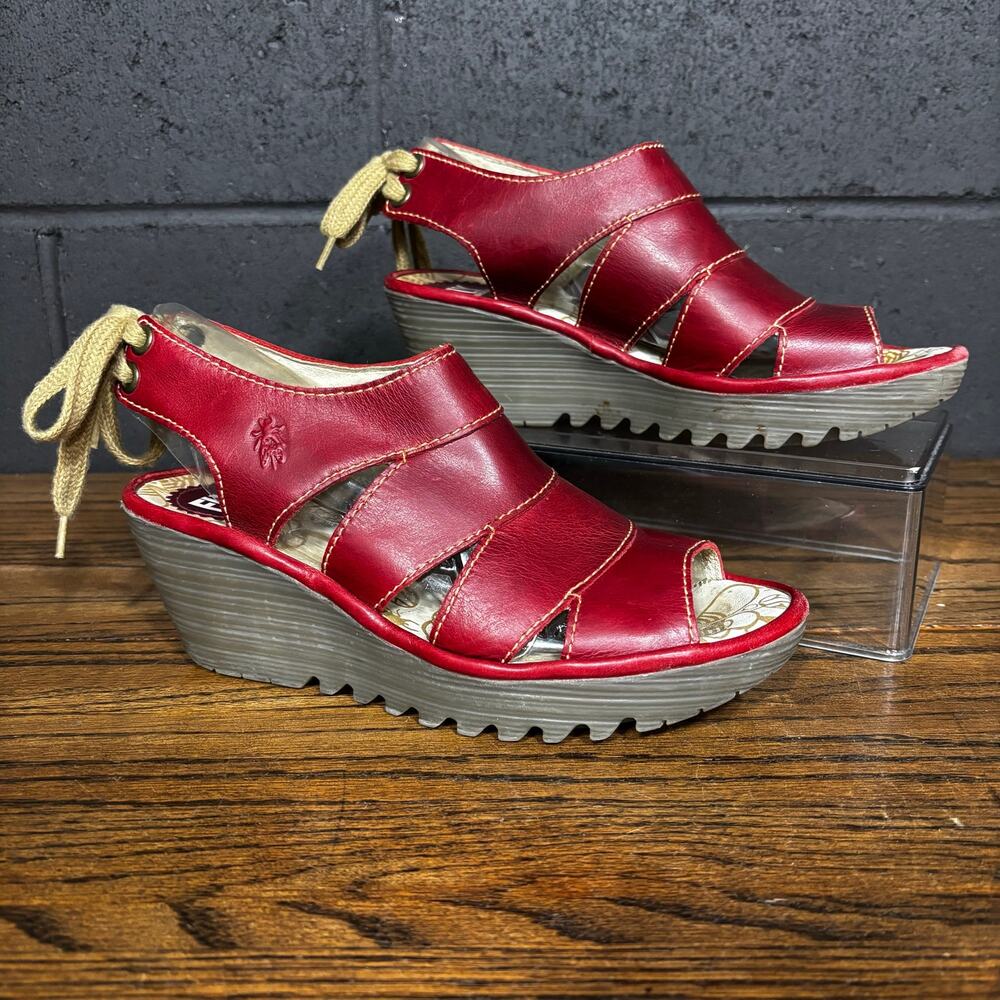 Fly London Yala Red Leather Wedge Sandals Lace Back Peep Toe EU 39 US 8.5
